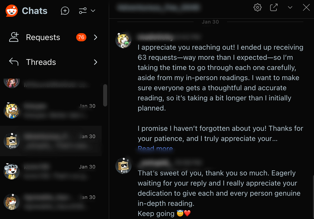 Screenshot of Reddit messages from people requesting tarot readings